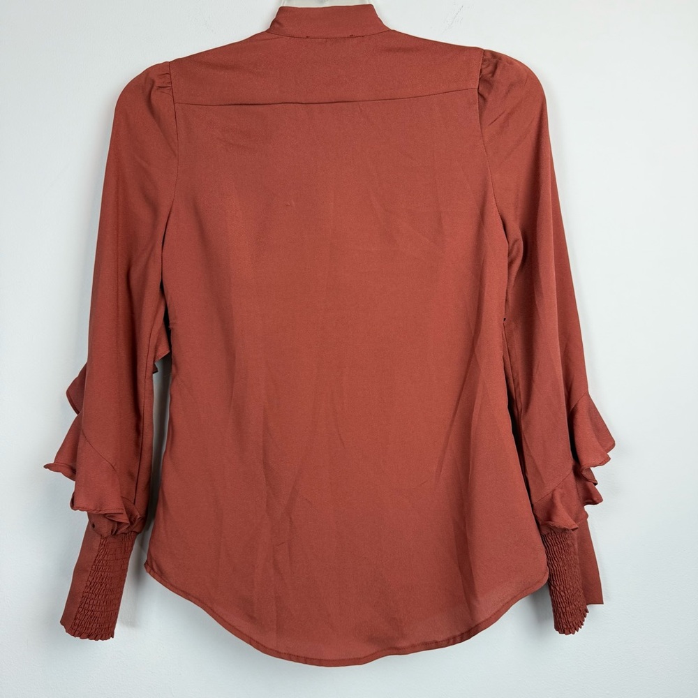 M M Couture Miss Me Rust Blouse w/Ruffle Chest & Smocked Sleeves & Bow Tie Sz M - Picture 4 of 14